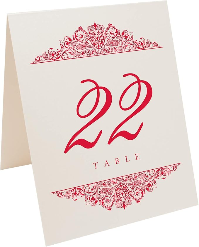 Paisley Wedding Table Numbers (Select Color/Quantity), Champagne, Ruby Red, 1-65, Double Sided, Tent or Use in a Stand, Great for Parties & Restaurants - Made in the USA