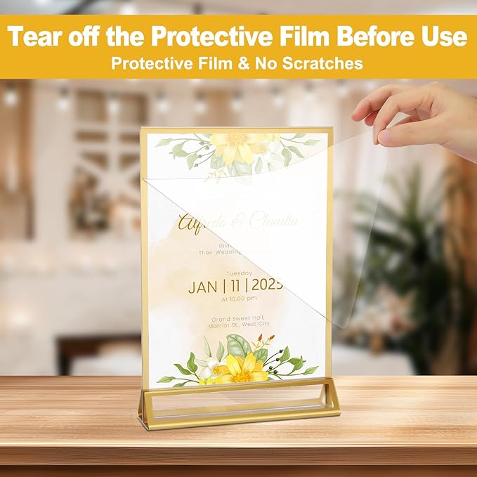 EHWINE 12 Pack Acrylic Sign Holder 5 x 7, Double Sided Gold Picture Frame Stand up Table Top Sign Holders, Clear Display Stand Menu Flyer Holder for Wedding Party (Provide Non-slip Mats)