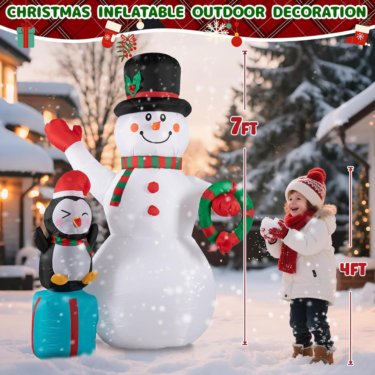 7FT Christmas Snowman Inflatables Decoration with LED Lights, Blow Up Outdoor Decoration for Christmas Party, Holiday Xmas Inflatables Present, Great Decor for Outhouse Lawn Yard Garden