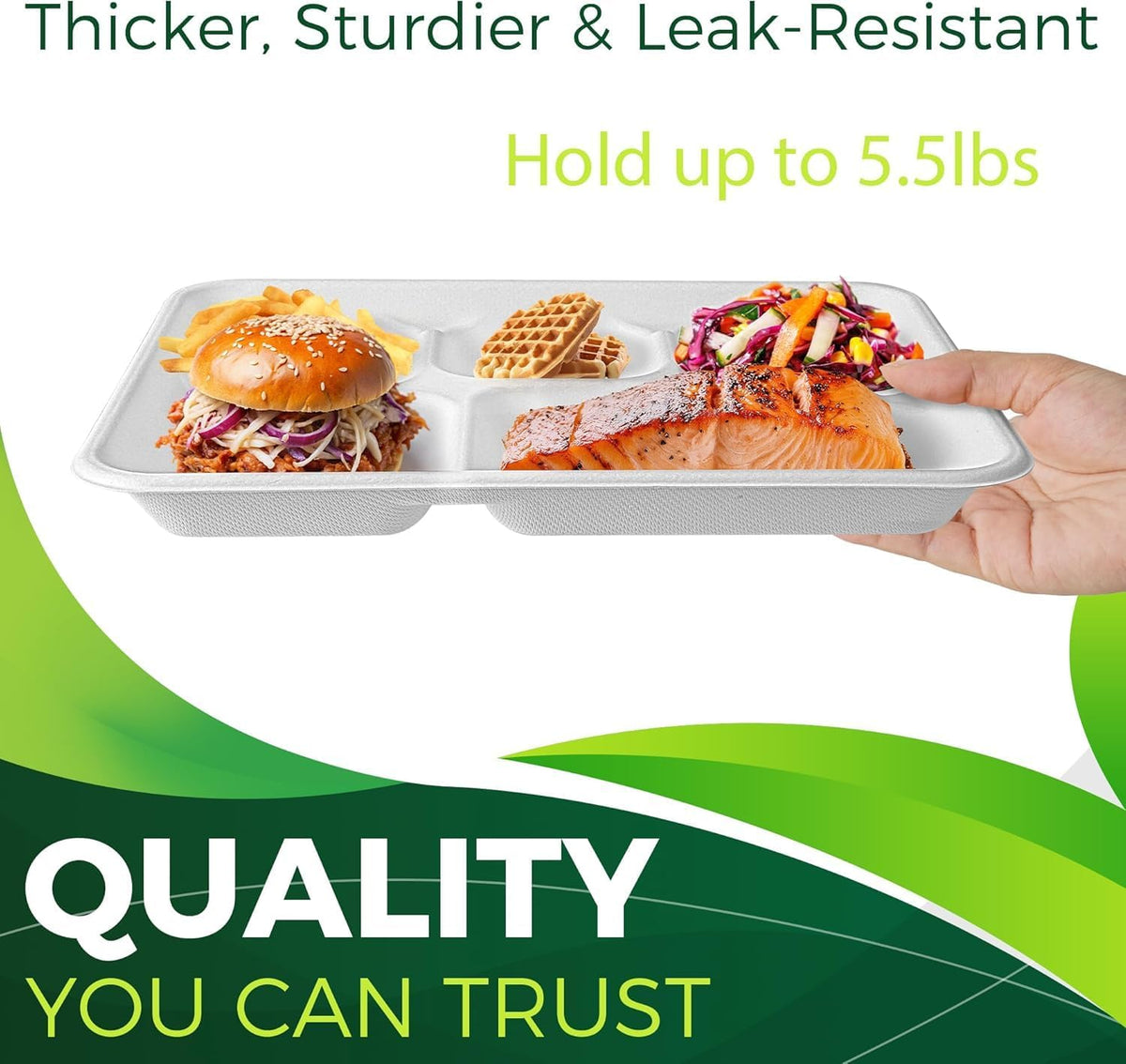 large 5-compartment plate disposable(12.5"x8.5"), 100 plates, disposable paper, package contents