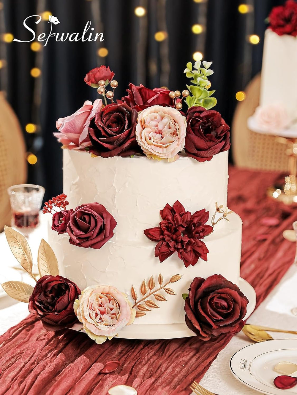 Burgundy Pink Artificial Flowers, Fake Silk Flowers for Wedding