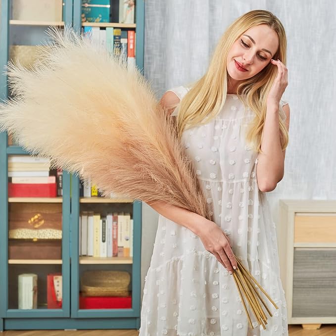 EVODIS Faux Pampas Grass Decor, 6 Stems Artificial Pampas Grass - 43 inch Tall Pompass Grass Large Pompous Boho Flower Arrangement Home Decor for Room Wedding Party