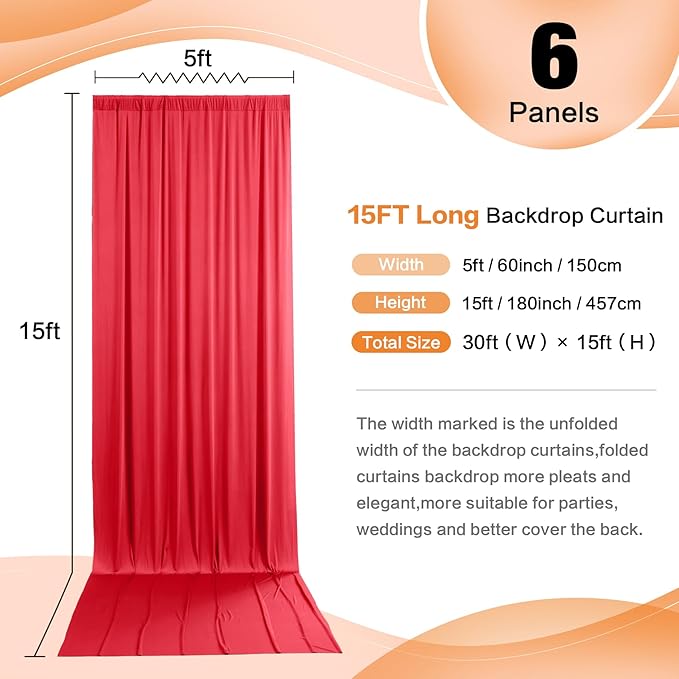 30ft x 15ft Red Wrinkle Free Backdrop Curtains for Parties,Silky Polyester Fabric Wedding Ceiling Drapes, 6 Panels 15ft Photo Back Drop Drapes for Baby Shower Photography Stage Background Cloth