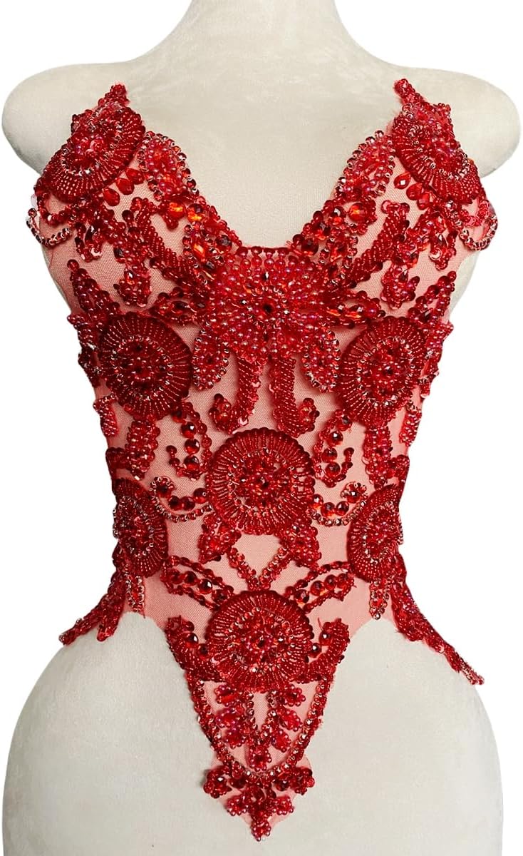 Pure Handmade Bodice lace Rhinestones Applique Sewing Stones Beads Crystal Tr...