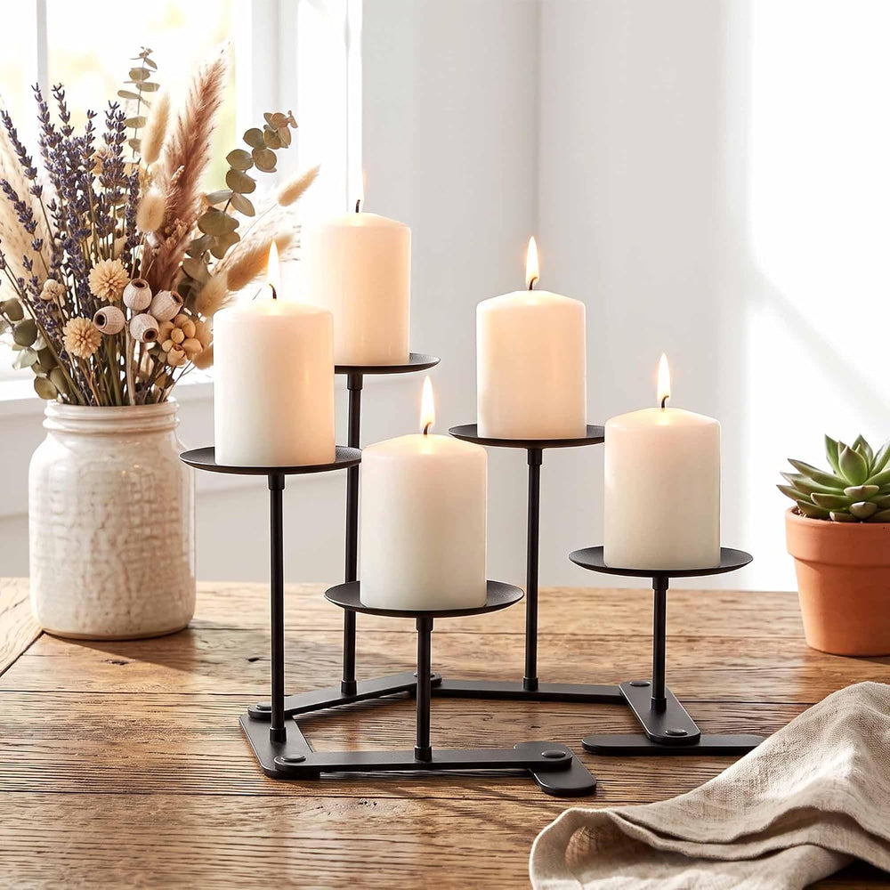 Adjustable 5-Pillar Metal Candelabra, Matte Black Candle Holder