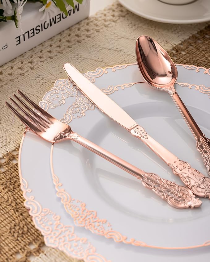 Goodluck 350 Piece Rose Gold Plastic Dinnerware Set for 50 Guests,Fancy Disposable Plates,Include: 100 Rose Gold Rim Plastic Plates,150 Silverwares,50 Pre Rolled Napkins,50 Cups for Party,Wedding