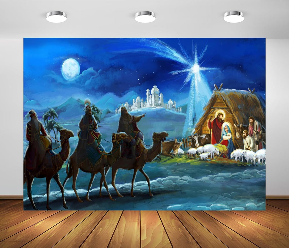 BELECO Fabric 10x8ft Nativity Scene Backdrop Christmas Night Starlight Holy F...
