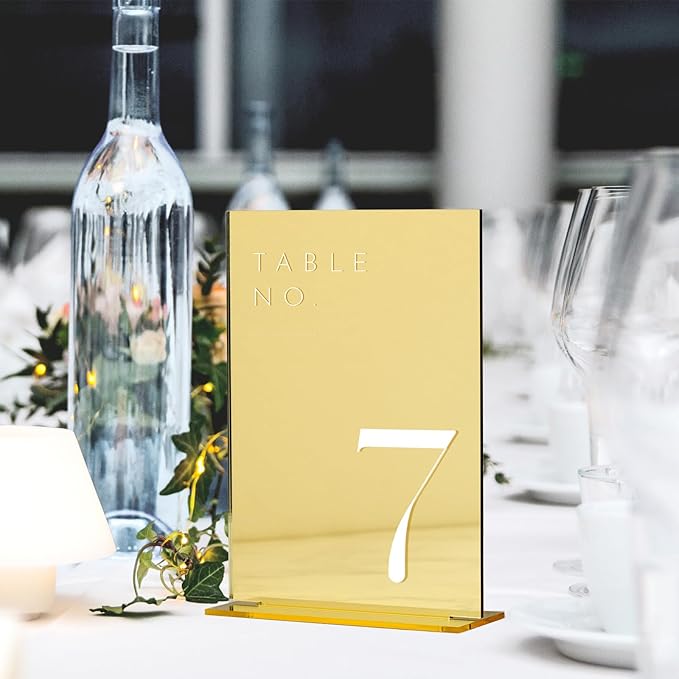 JINMURY Gold Wedding Table Numbers 1-15 with Stands, 5"x7" Gold Mirror Acrylic Table Numbers, Perfect for Wedding Reception, Party, Anniversary, Event