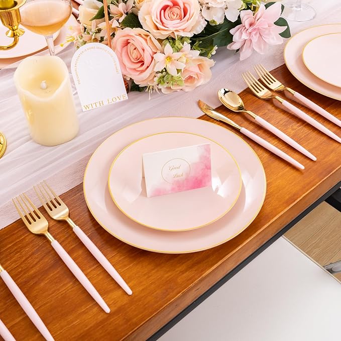 Liacere 150PCS Plastic Plates-Gold Plastic Silverware with Pink Handle - Pink Disposable Plates Include 30 Guests Plates, Forks, Spoons, Knives for Wedding ＆ Easter Day ＆Mother's Day