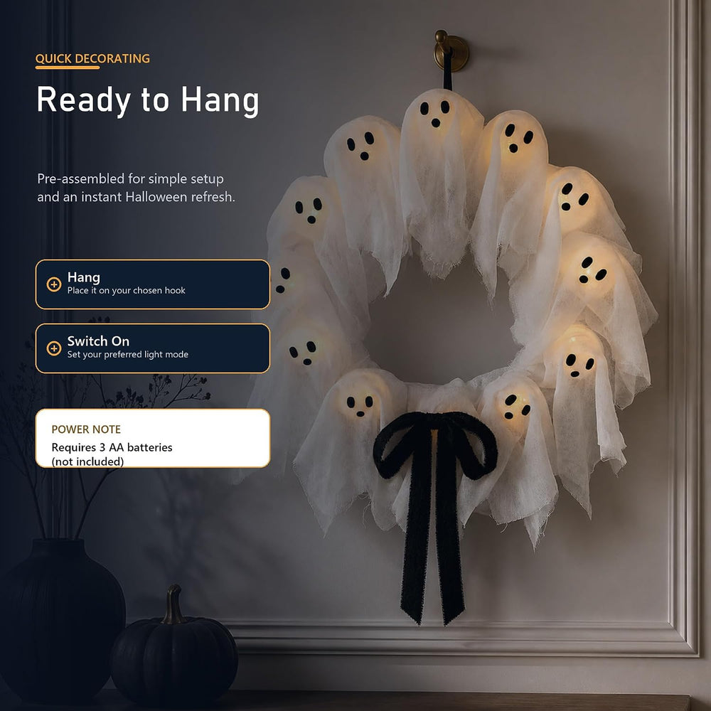 Ghost Wreath, Front Door Halloween Decor, 22-Inch Lit with Remote and Timer