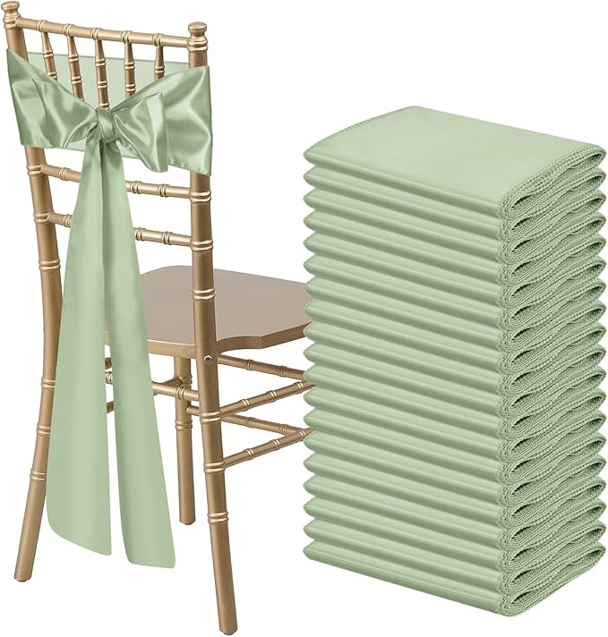 50 PCS Sage Green Satin Chair Sashes Bows Universal Chair Ribbon Ties Back Sash for Wedding Party Reception Events Banquets Hotel Event Chair Cover Decoration (7x108 inch)