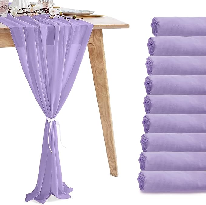 10 Pack 10ft Light Purple Chiffon Table Runners Wedding Table Runner Sheer Romantic Tulle Table Runner for Christmas Wedding Bridal Tea Party Baby Shower Birthday Party Table Decorations(120 x 12 in)