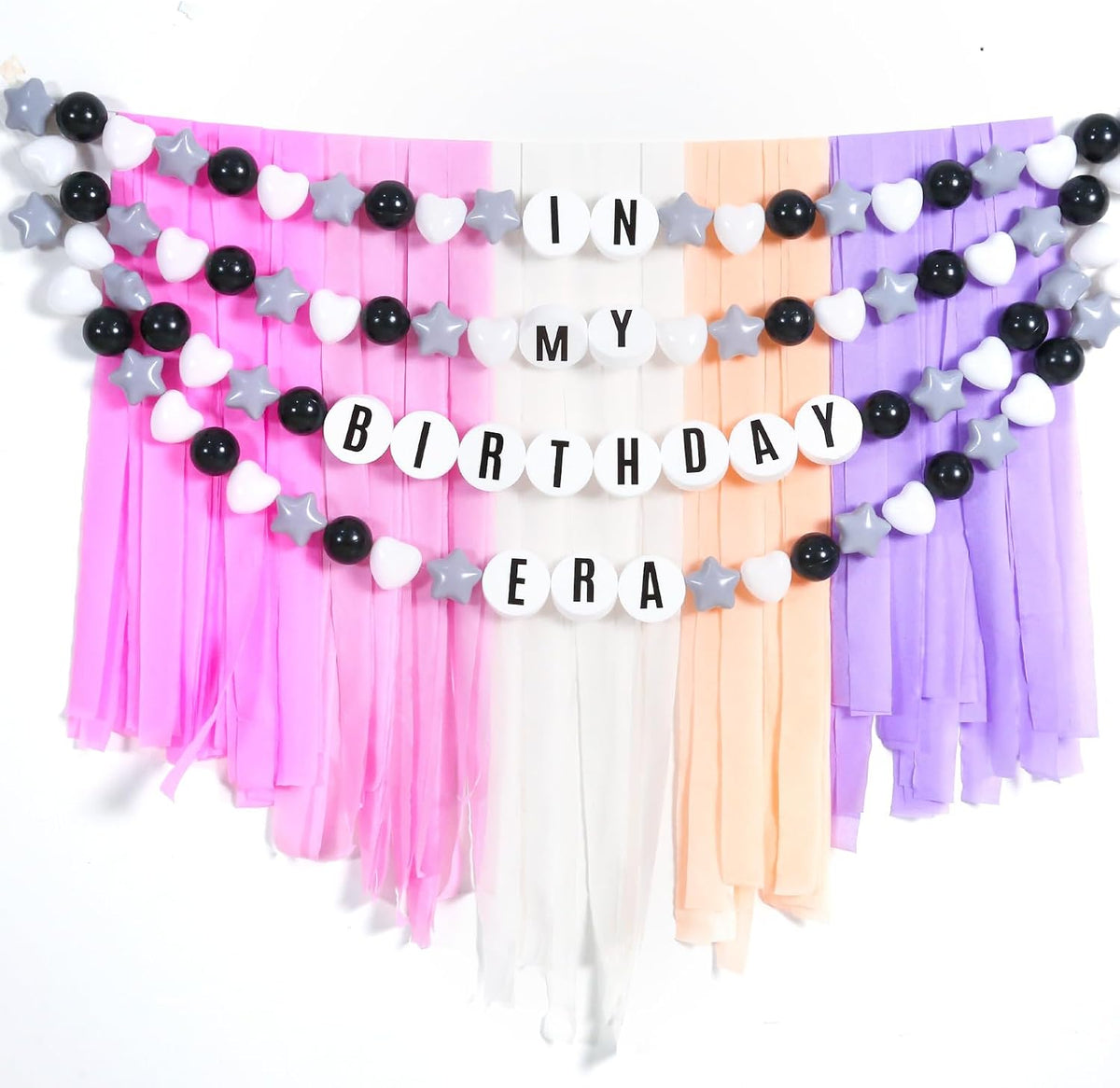 DIY Giant Friendship Bracelet Birthday Garland Kit with Letters Ball Customizable Banner for Christmas Wedding Kpop New Year Party Decorations Ball Plastic Balls Stars DIY Supplies(Black/Gray/White)
