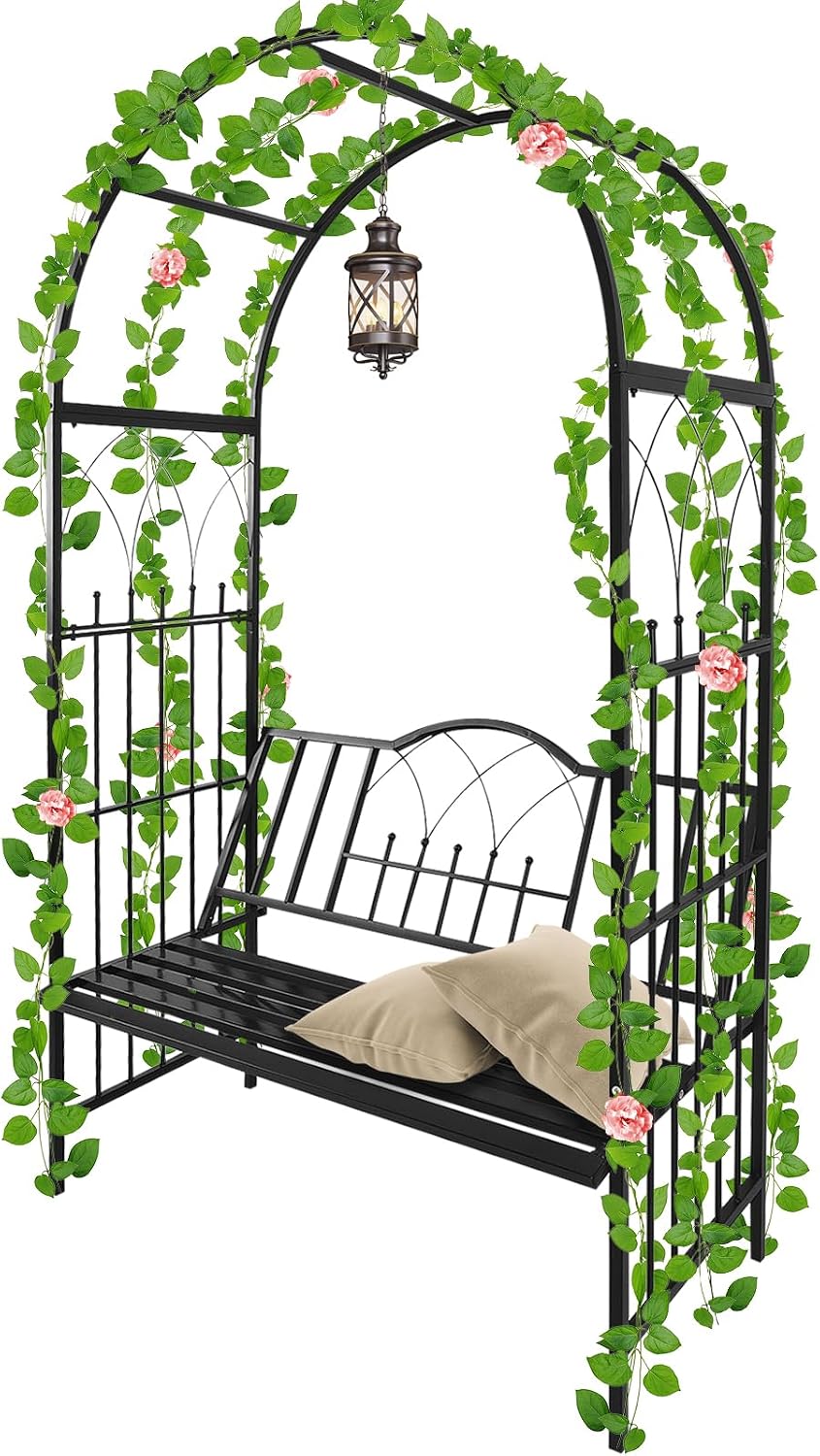 Kalolary Garden Arbor with Bench, Metal Garden Arch for Climbing Plant
