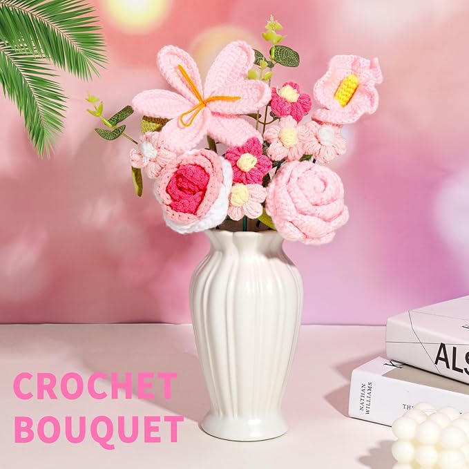 Crochet Flowers Bouquet, Handmade Knitting Crochet Flowers, Tulips Flower and Calla Lily Bouquet for Birthday, Teacher’s Day, Graduation, Valentines (Pink)