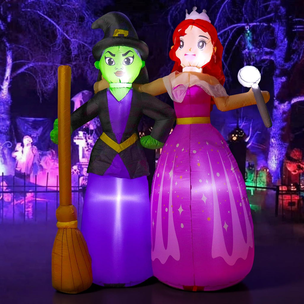 6ft halloween inflatable witch sisters with magic wand, close-up detail