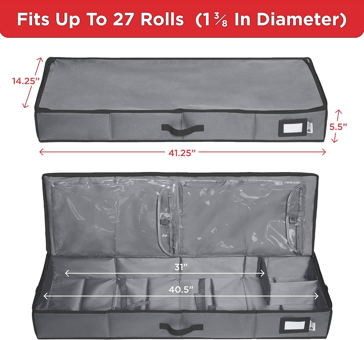 HOLDN’ STORAGE Premium Wrapping Paper Storage Container - Durable 600D Tear-Proof, Fits 27 Rolls Gift Wrap, Extra Pockets for Ribbons & Bows, Underbed Storage - Ideal for Holiday Christmas, Gray