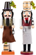 KI Store Wooden Nutcracker Figure Wine Maker Nutcrackers 14-inch Set of 2 Christmas Nutcracker Decorations for Kitchen Dinning Room Bar Table