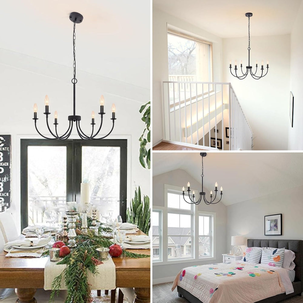 6 Light Black Farmhouse Chandelier, 26" Dining Room Light Fixtures