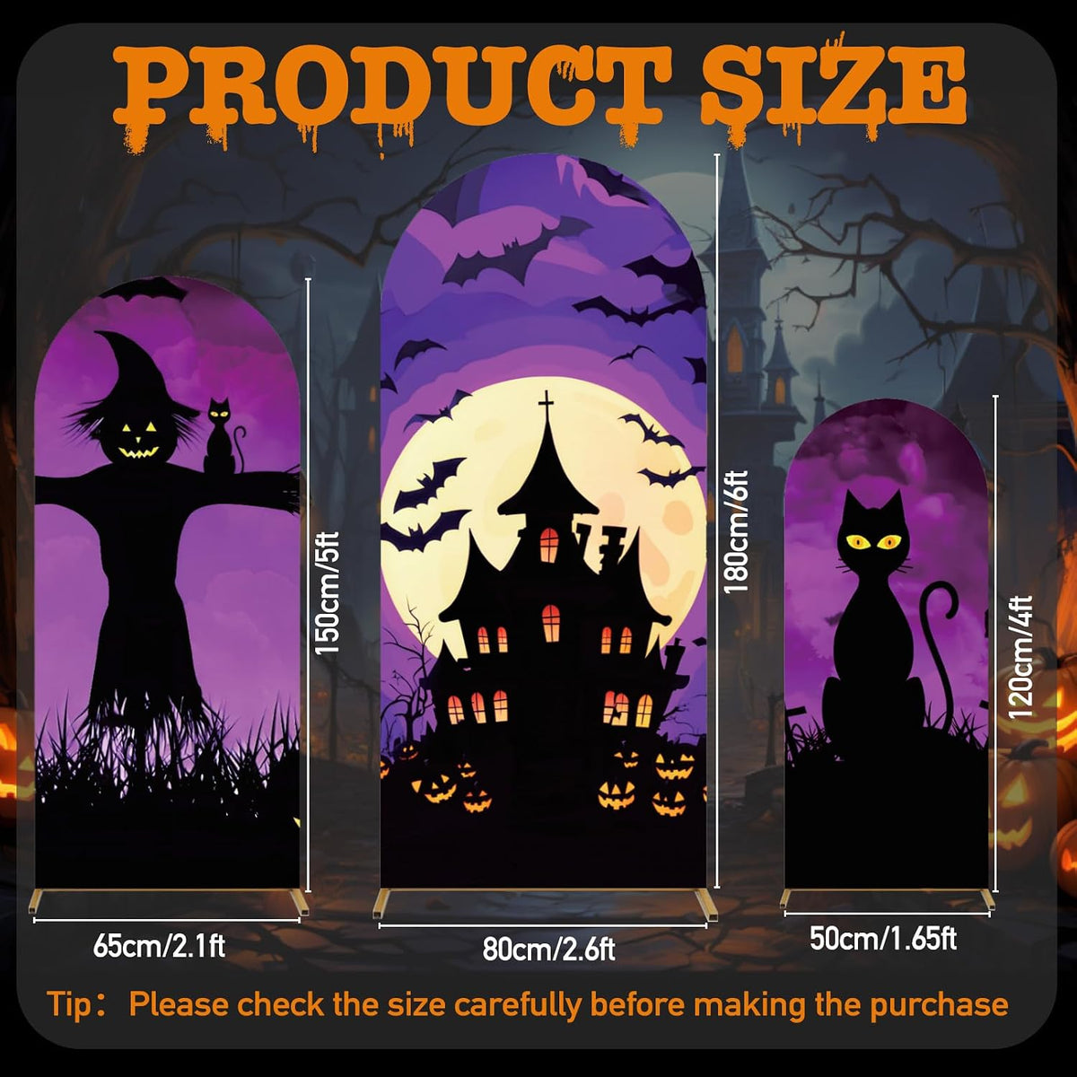 3 Pcs Halloween Arch Cover 4ft, 5ft, 6ft Arch Covers Stretchy Backdrop Skeleton Ghost Bat Horror Style Backdrop Cover for Halloween Party Photo Background Arch Stand Stretchy Decoration