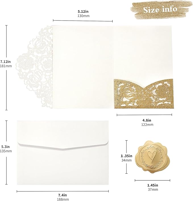 DORIS HOME 50pcs Laser Cut Wedding Invitation Pockets with Envelopes Gold Glitter, 5.12" x 7.12"Invitation Cards for Wedding, Anniversary (No Inserts Included)