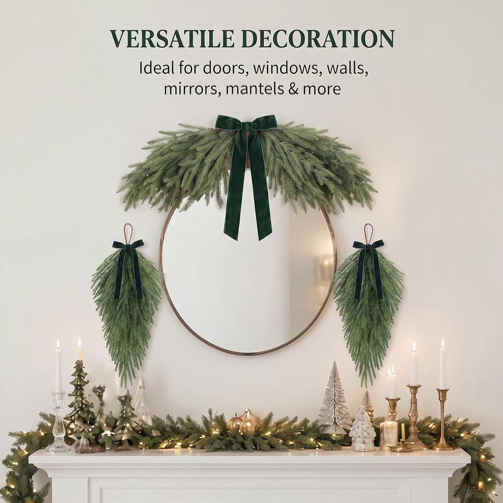syhood 3 pcs 24'' christmas greenery teardrop swag, close-up detail