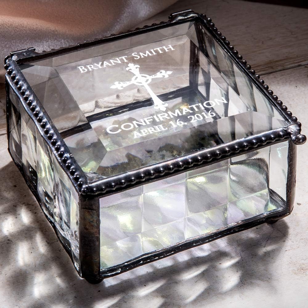 J Devlin Personalized Confirmation Glass Keepsake Box, Clear Cube