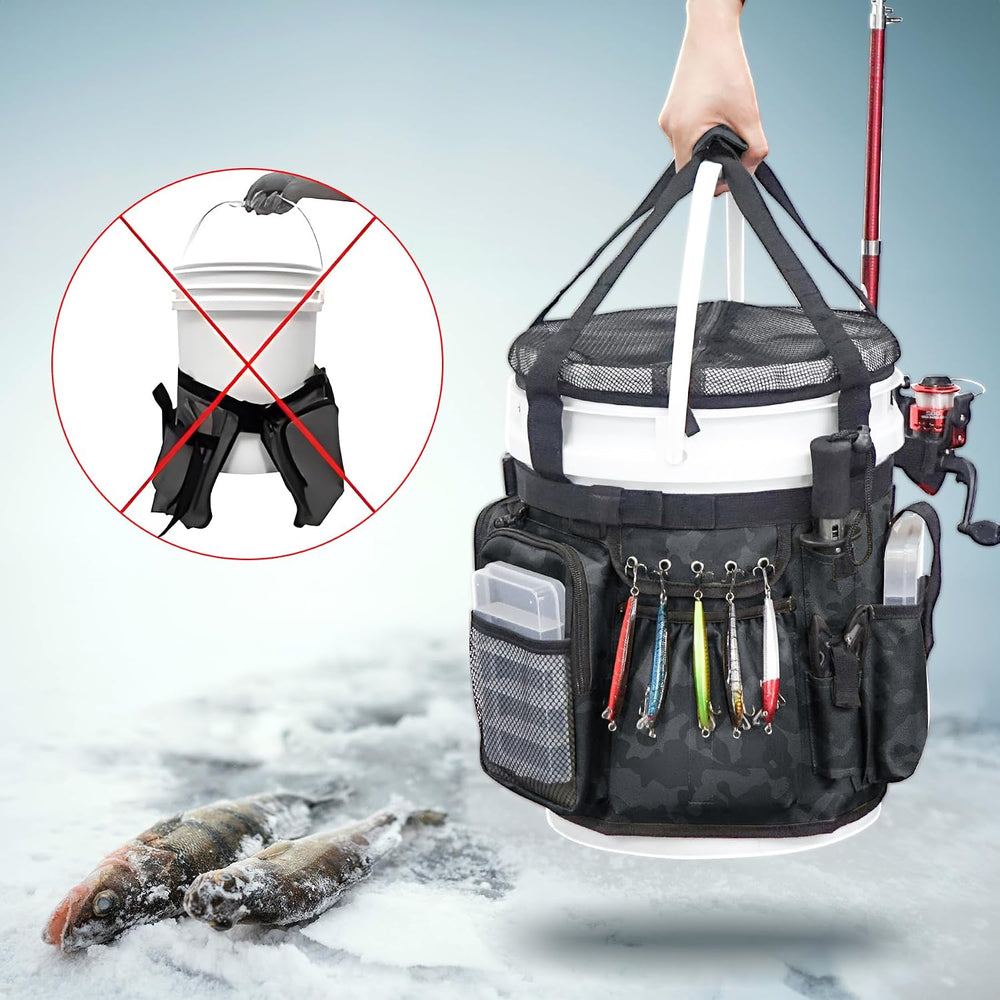 Fishing Bucket Organizer with Bucket Cover Fishing Tackle Bag with Rod & ...
