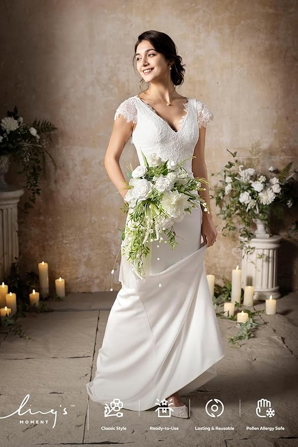 Ling's moment White Green Bridal Bouquet for Bride, White Green Wedding Bouquets for Bride, 13 Inch Bride Bouquets for Wedding Artificial Flowers Bouquets
