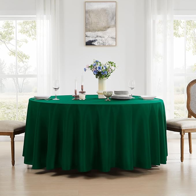 Round Tablecloth 132 Inch 2 Pack Dark Green Tablecloths Washable Decorative Linen Polyester Table Clothes Cover for Dining Table Banquets Buffet Parties and Wedding