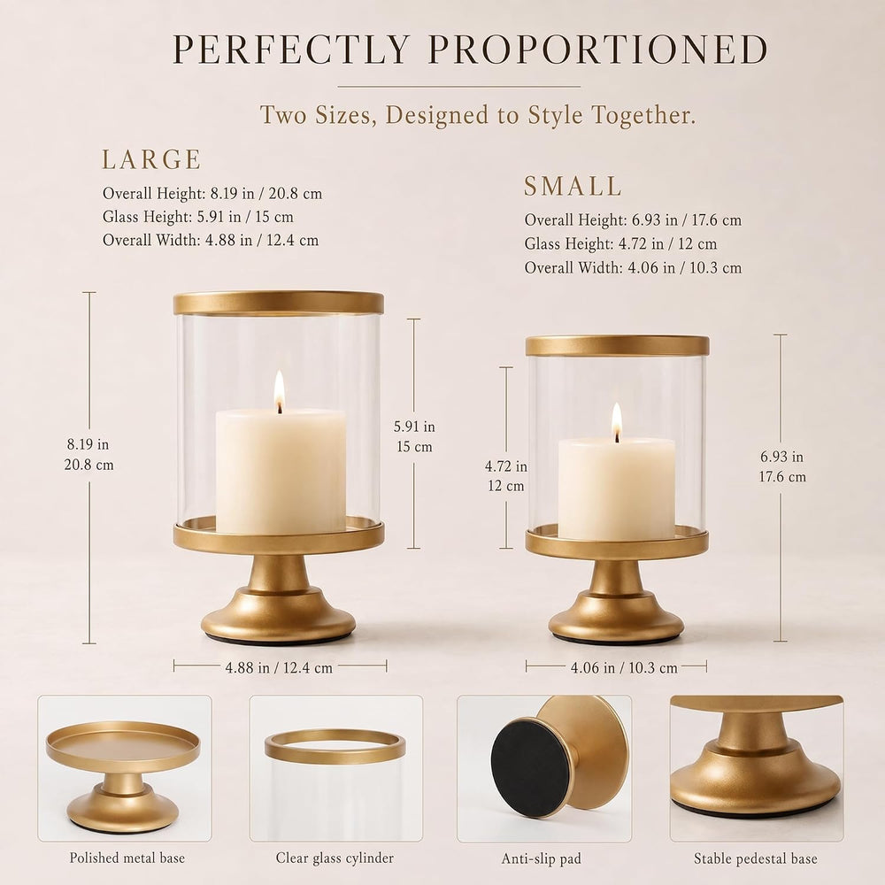 Gold Hurricane Candle Holder Set of 2 with Glass Cylinder for Pillar Candle