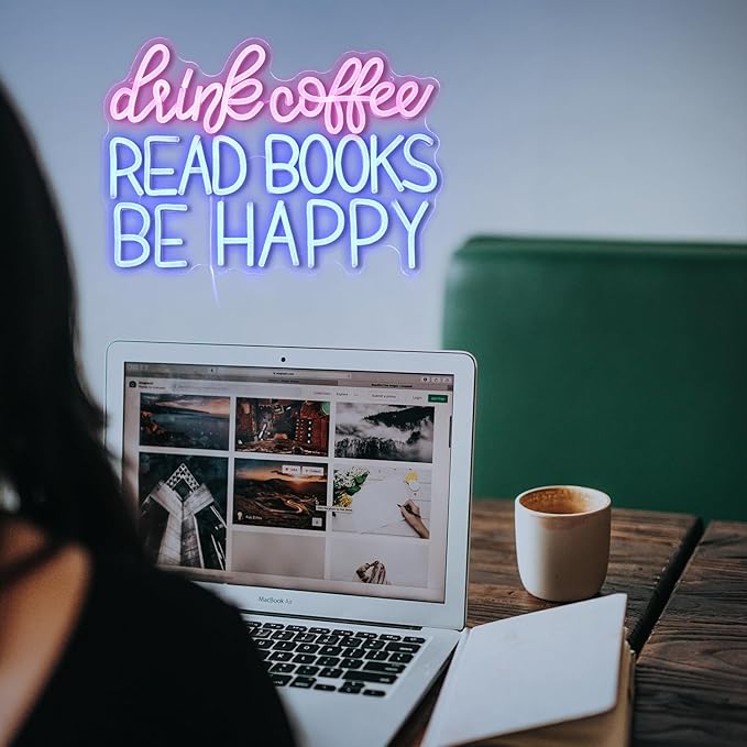 Drink Coffee Read Books Be Happy Neon Sign USB Powered Led Read Books Neon Light for Wall Decor Dimmable Pink Blue Neon Light Up Signs for Classroom Coffee Shop Bookstore Library Museum Study Room(16.5*12.6In)