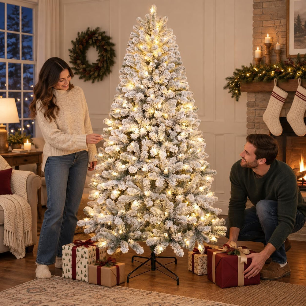 7ft Prelit Artificial Flocked Snow Spruce Christmas Tree Xmas,White