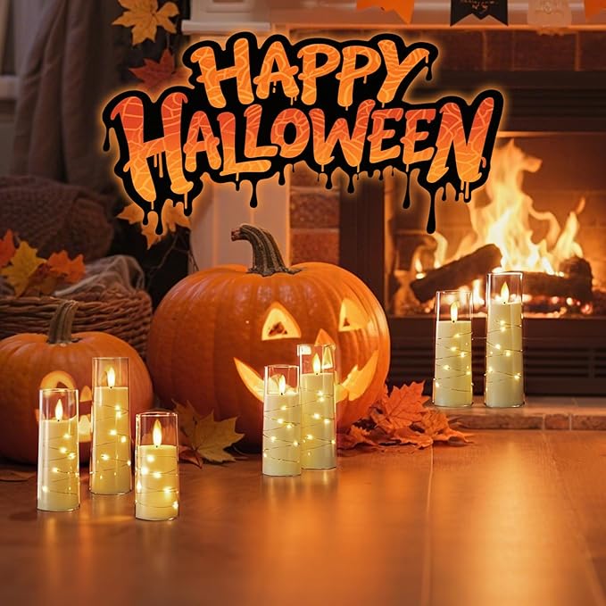 Raycare Flameless Candle with Remote Timer, 7 Flickering Acrylic Battery Operated LED Pillar Candles with Embedded Star String for Halloween, Home Decor, and as a Gift(Ivory) (7 Pack)
