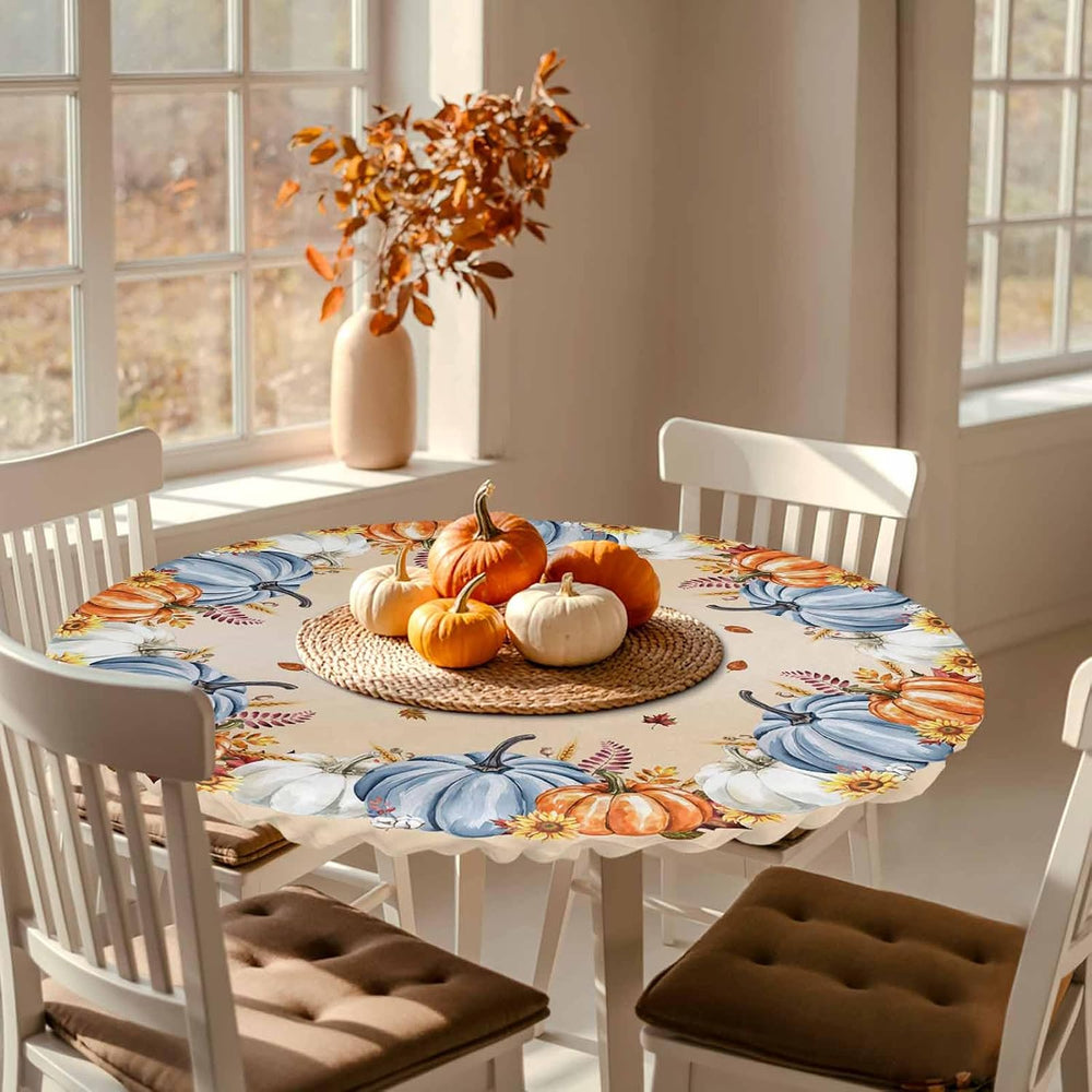 Fall Pumpkin Round Table Cloth Thanksgiving Fitted Tablecloth,Maple Leaves Ta...