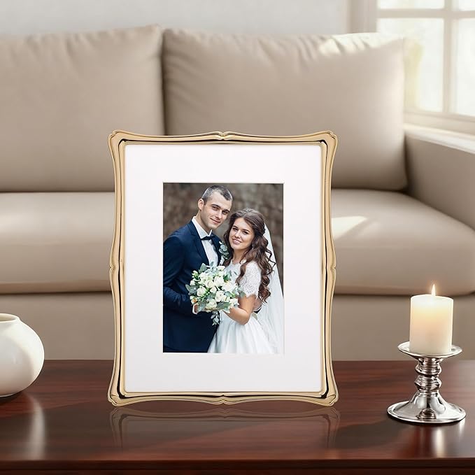 8 x 10'' Premium Alloy Gold Photo Frame with Acid Free 5x7'' Mat - High-End Décor Metal Frames 5x7'' with Black Velvet Back