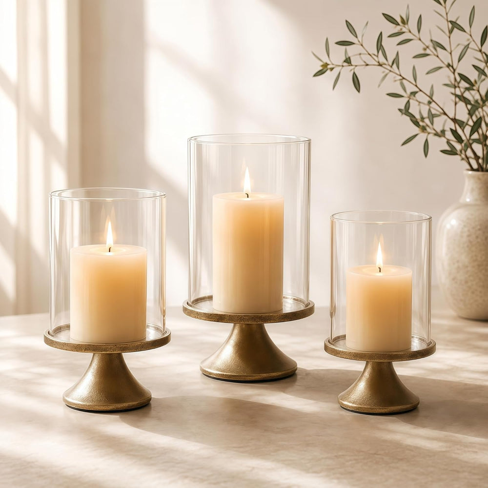 Hurricane Glass Candle Holders Set of 3, Weighted Base for Pillar Candles