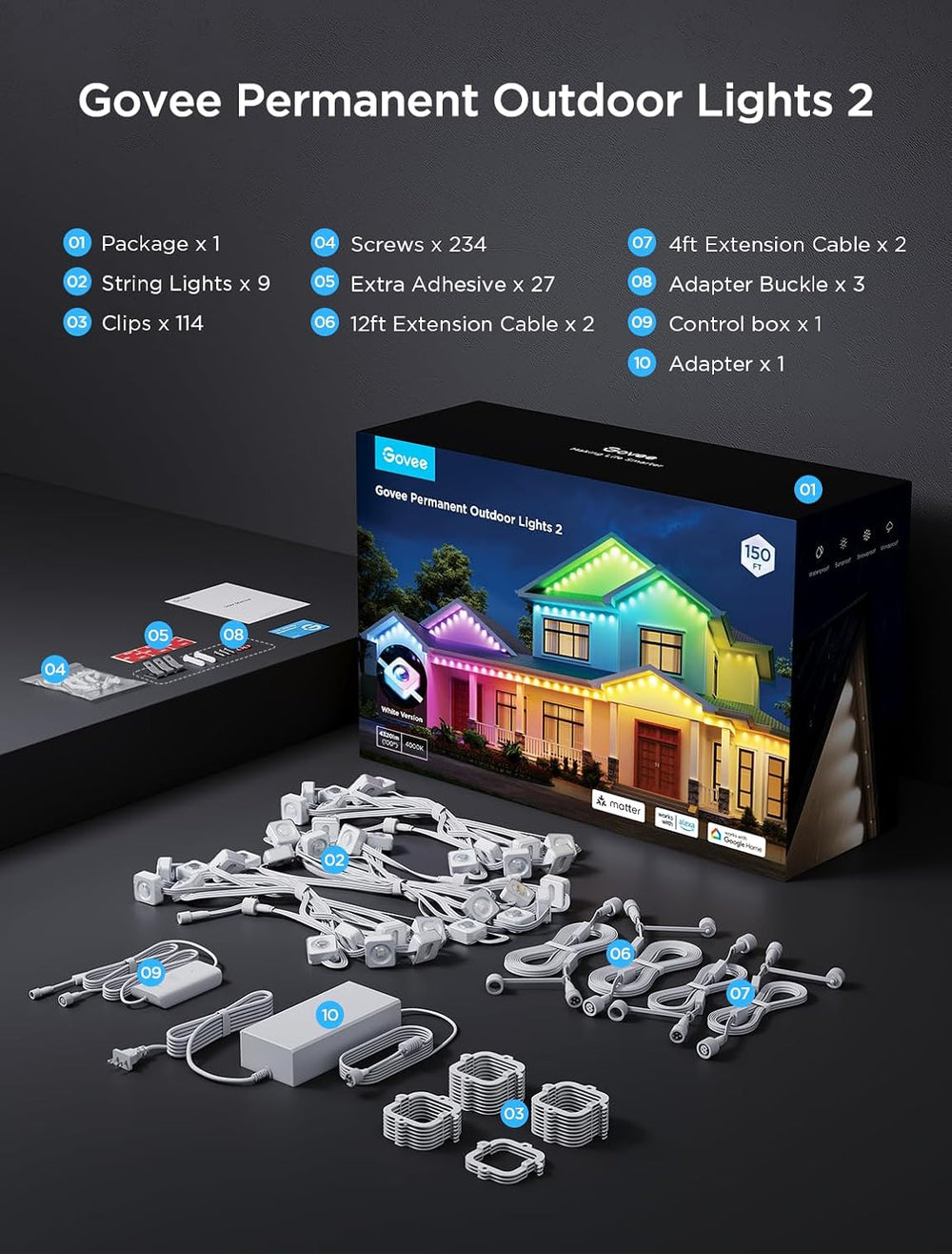 Govee Permanent Outdoor Lights 2, 150ft RGBIC Outdoor Lights with 100 Modes
