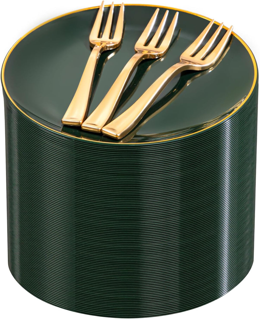 200Pcs Green Dessert Plates 6.3" with Plastic Forks 5"- Small Dispo...