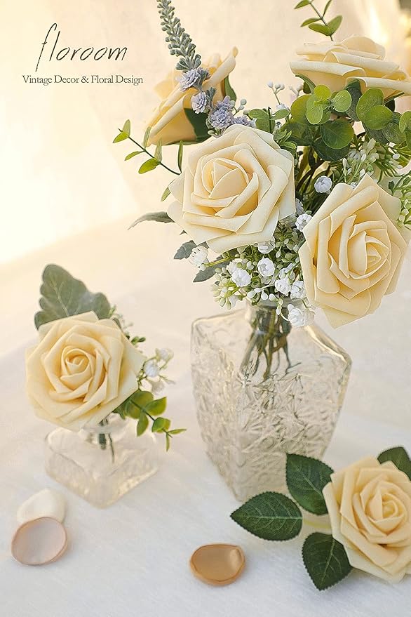 Floroom Artificial Flowers 50pcs Real Looking Creamy Yellow Foam Fake Roses with Stems for DIY Wedding Bouquets Bridal Shower Centerpieces Floral Arrangements Party Tables Home Decorations