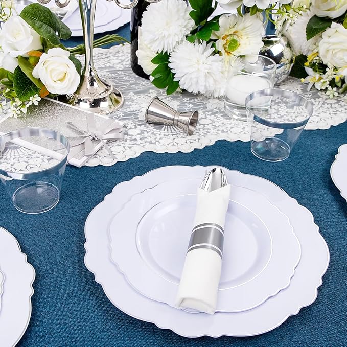 Liacere 350PCS Silver Plastic Plates-Disposable White and Silver Plates 50guest Baroque Plastic Dinnerware Set include 100Plates, 50Pack Pre Rolled Napkins with Silverware 50Cups Perfect for Chrismas