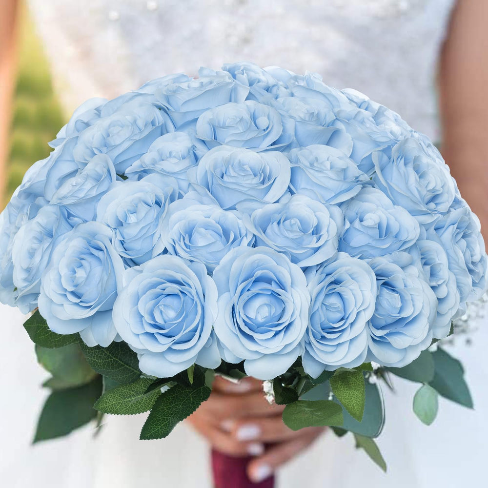 50pcs Artificial Silk Roses Flowers in Bulk,Blue