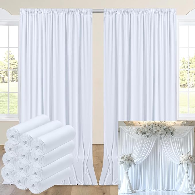 60ftx14FT Wrinkle Free White Backdrop Curtain, 12 Panels 14FT Height White Wedding Backdrop Drapes, Silky Polyester Back Drop Cloth for Birthday Photography Background Party Backdrop Draping