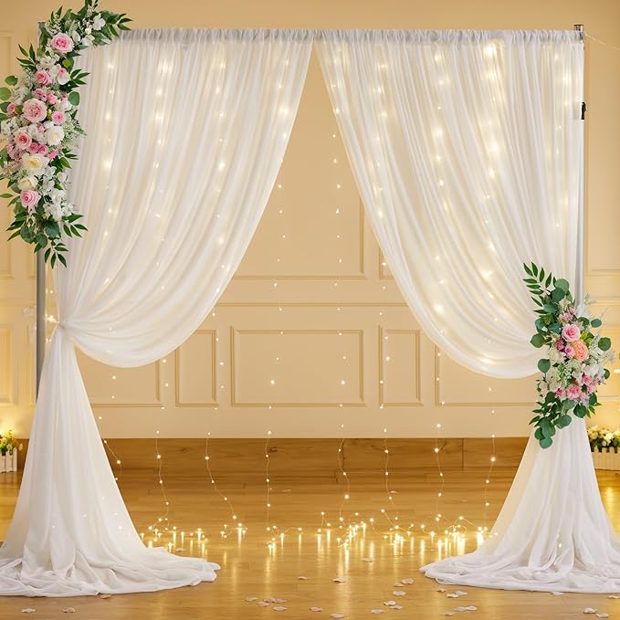 10ft x 7ft Cream White Chiffon Backdrop Curtain with Lights String for Parites Wedding Wrinkle Free Curtain Photo Backdrops Drapes for Baby Shower Birthday Party Home Decorations