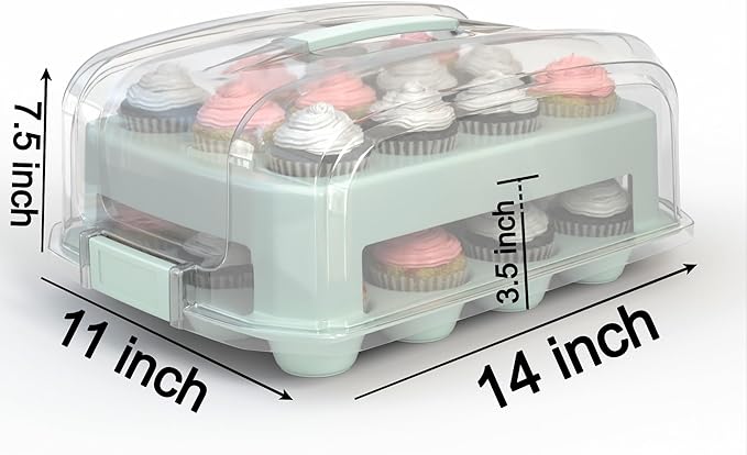 Cupcake Carrier, EXTRA TALL LID, Green Cupcake Holder Carries 24 Standard-Size Cupcakes, Muffin Traveler Two Tier Stand Reusable Cupcake Box