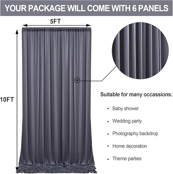 30 ft x 10 ft Wrinkle Free Charcoal Backdrop Curtain for Parties, Dark Grey Polyester Photo Backdrop Drapes for Baby Shower Wedding Engagement Birthday Party Backdrop Stand,5ft x 10ft 6 Panels