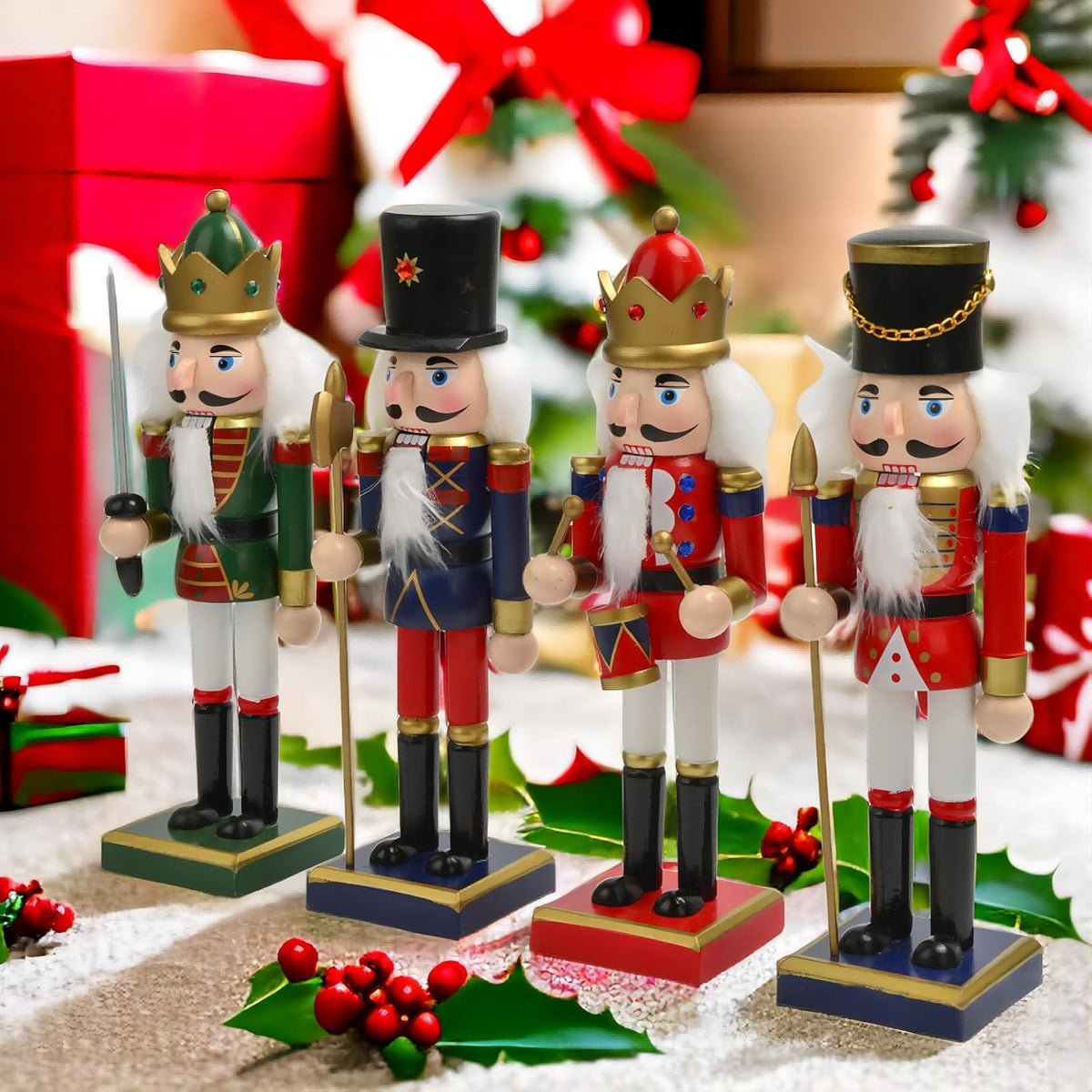 4PCS 15 Inch Nutcrackers Christmas Decorations, Wooden Hand-Painted Nutcracker Figures Festive Collectible Gift for Winter Table Desktop Fireplace Decorations