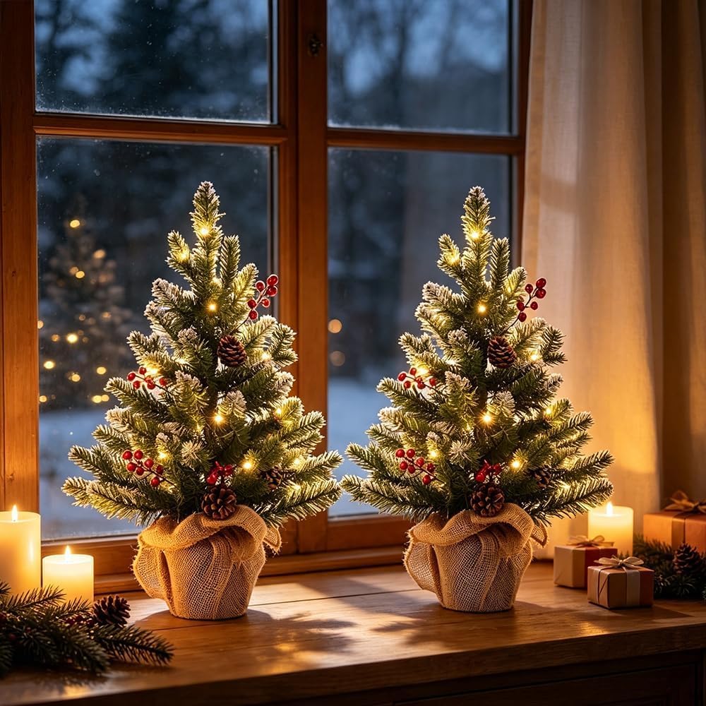 MEETYAMOR 2 FT Mini Christmas Tree, Set of 2 24" PE Prelit Small Artific...