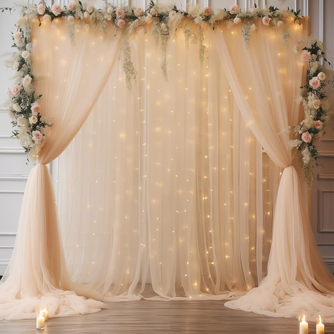 20×10ft Champagne Tulle Backdrop Curtain with Lights String for Parties, Sheer Curtain Backdrop Drapes for Wedding Party Photography Background