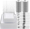 Goodluck 352 Piece Silver Dinnerware Set for 50 Guests, Square Plastic Plates with Silver Trim, Include: 100 Plastic Plates, 50 Rolled Napkins, 50 Cups, 50 Cutlery Set and 2 Tablecloth